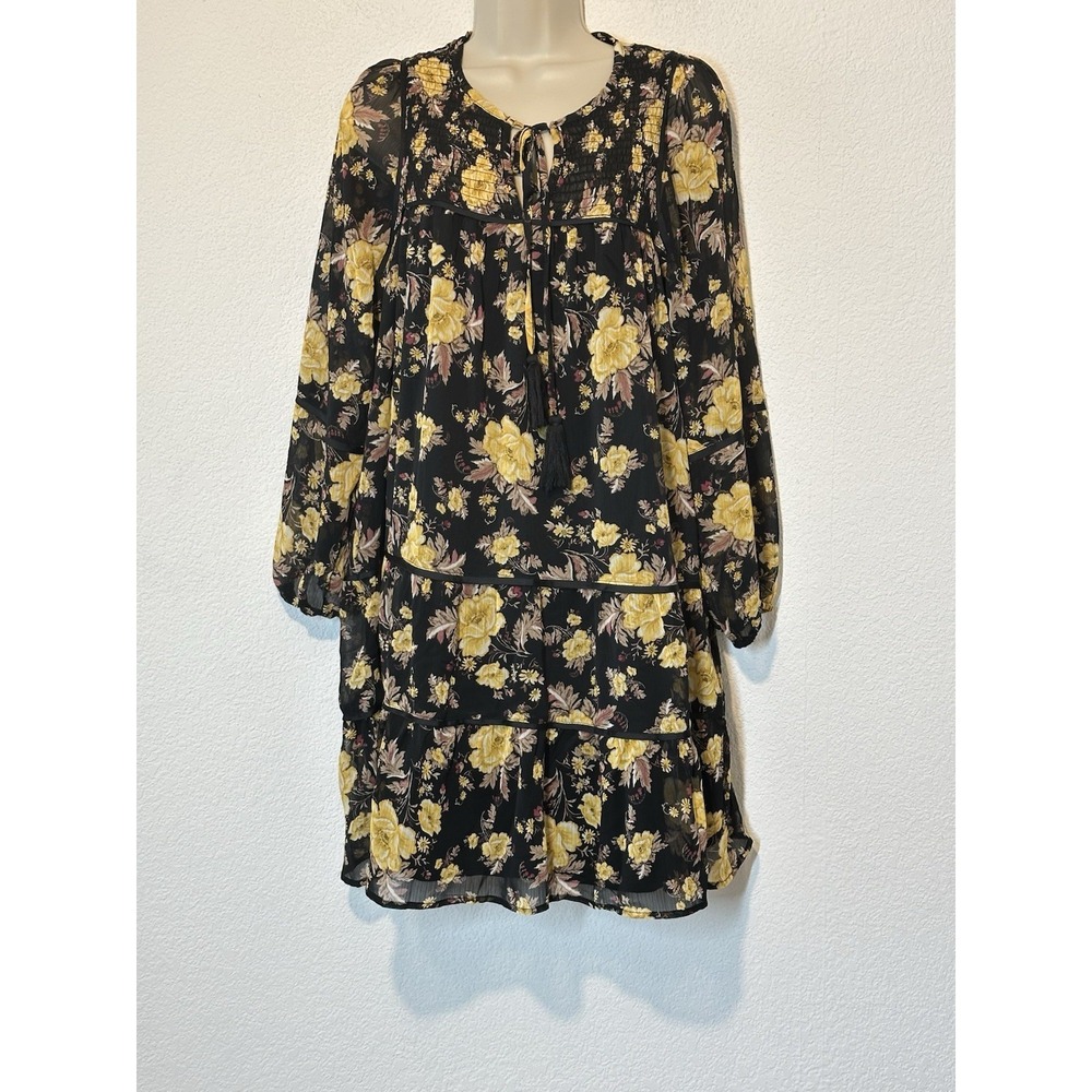 New Floral Black Yellow Tiered Dress Small Oversized Whimsigoth Boho Cottagecore